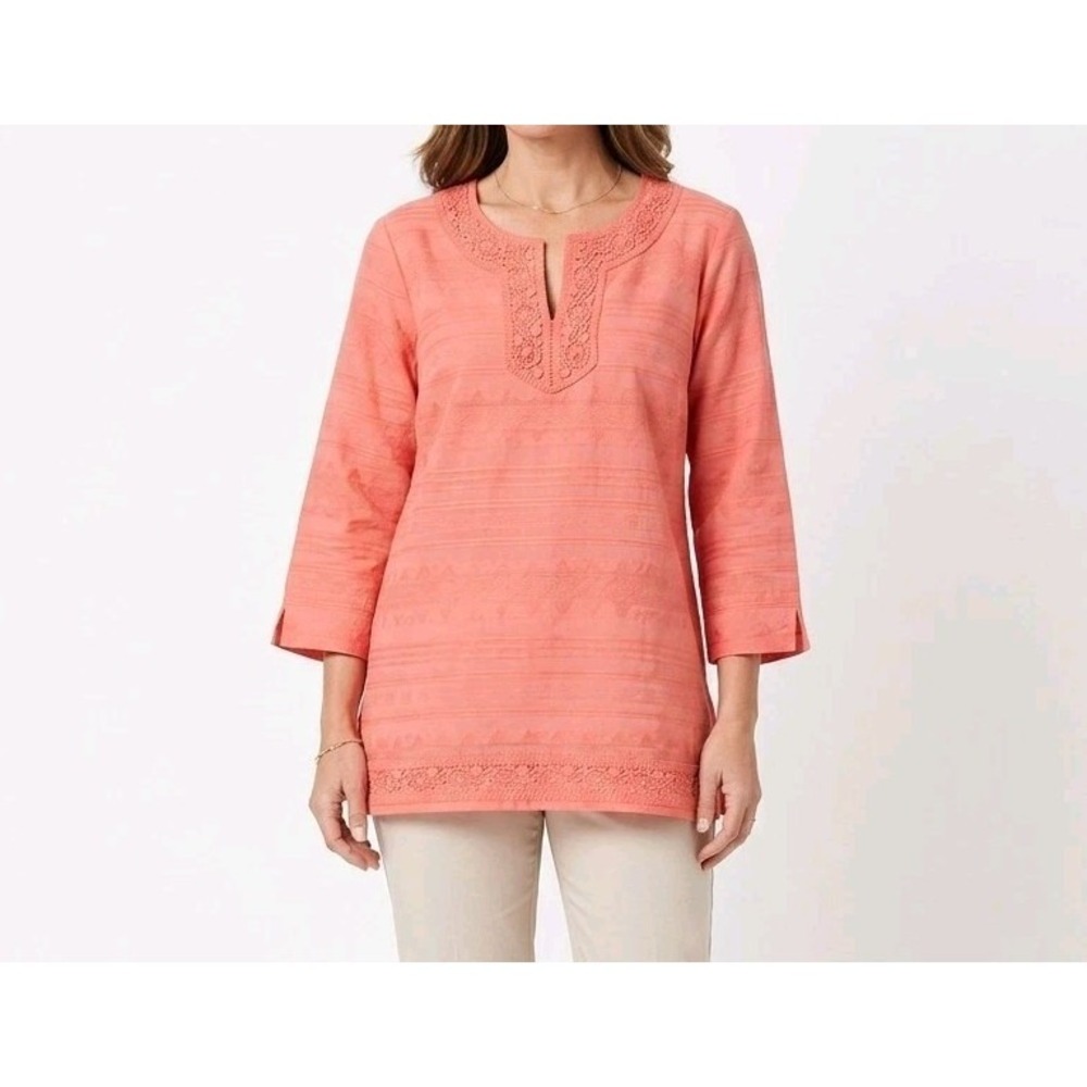 Alfred Dunner Womens Lace Trim Split Neck 3/4 Sleeve Top orange Size 1X